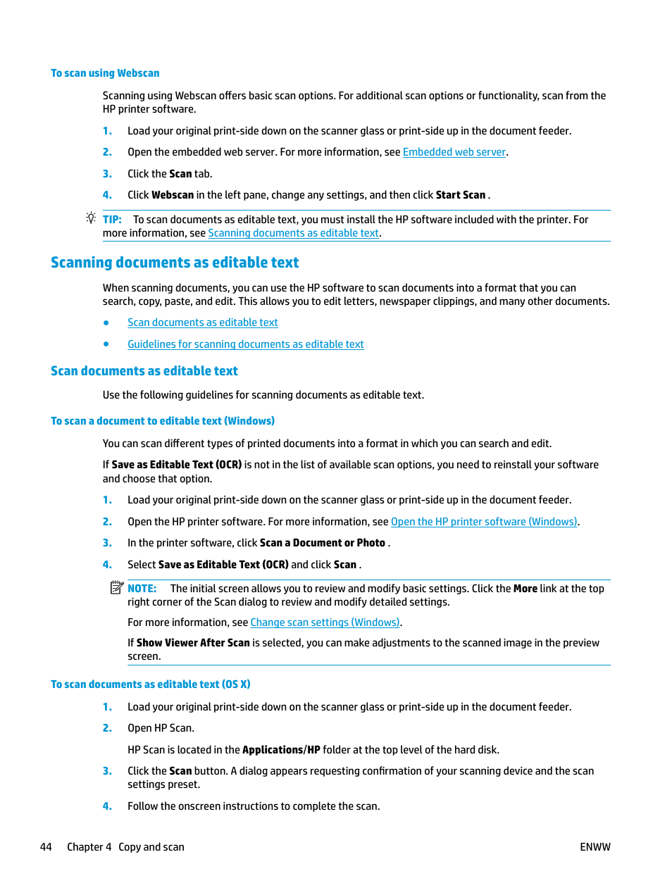 Scanning documents as editable text, Scan documents as editable text, Tion, see | Scanning, Documents as editable text | HP OfficeJet Pro 7740 User Manual | Page 57 / 180