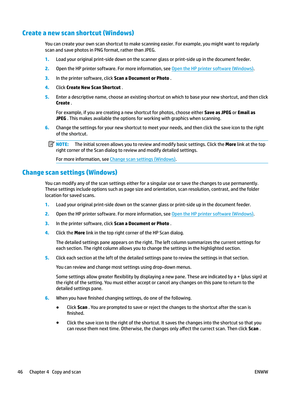 Create a new scan shortcut (windows), Change scan settings (windows), Tion, see | HP OfficeJet Pro 7740 User Manual | Page 59 / 180