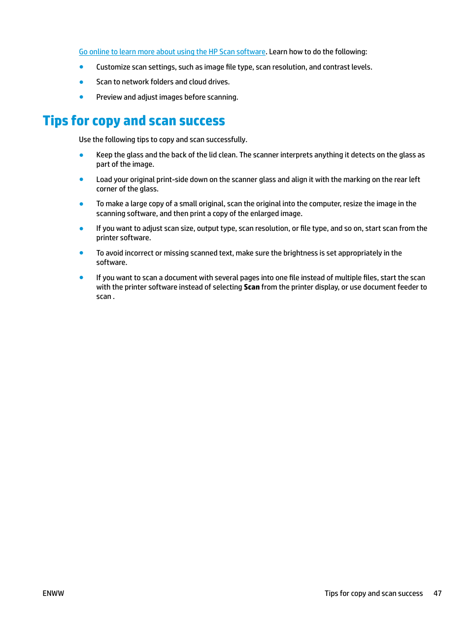 Tips for copy and scan success | HP OfficeJet Pro 7740 User Manual | Page 60 / 180