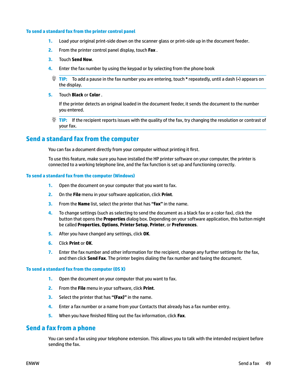 Send a standard fax from the computer, Send a fax from a phone | HP OfficeJet Pro 7740 User Manual | Page 62 / 180