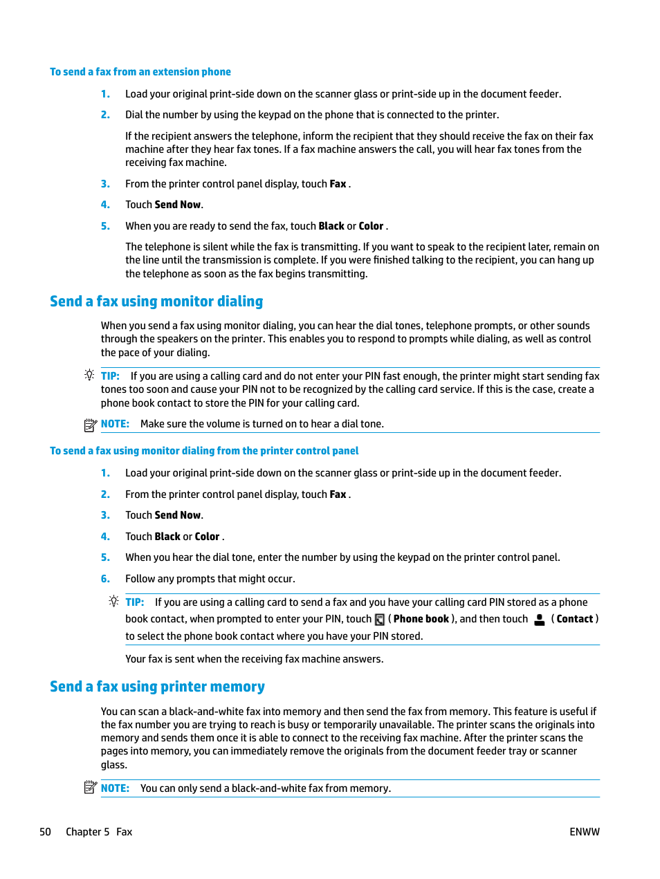 Send a fax using monitor dialing, Send a fax using printer memory | HP OfficeJet Pro 7740 User Manual | Page 63 / 180