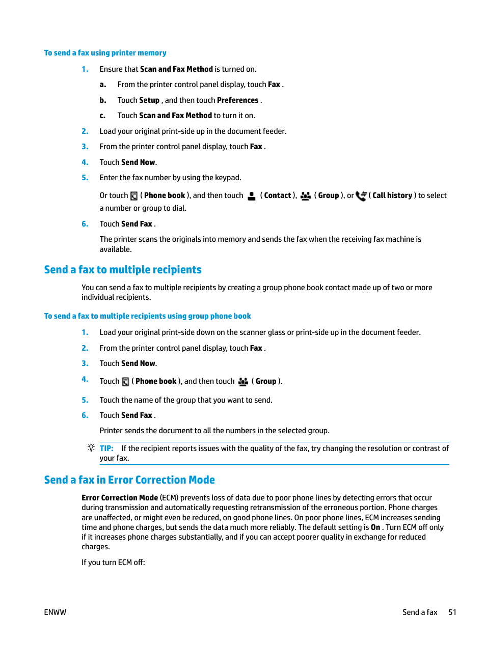 Send a fax to multiple recipients, Send a fax in error correction mode | HP OfficeJet Pro 7740 User Manual | Page 64 / 180