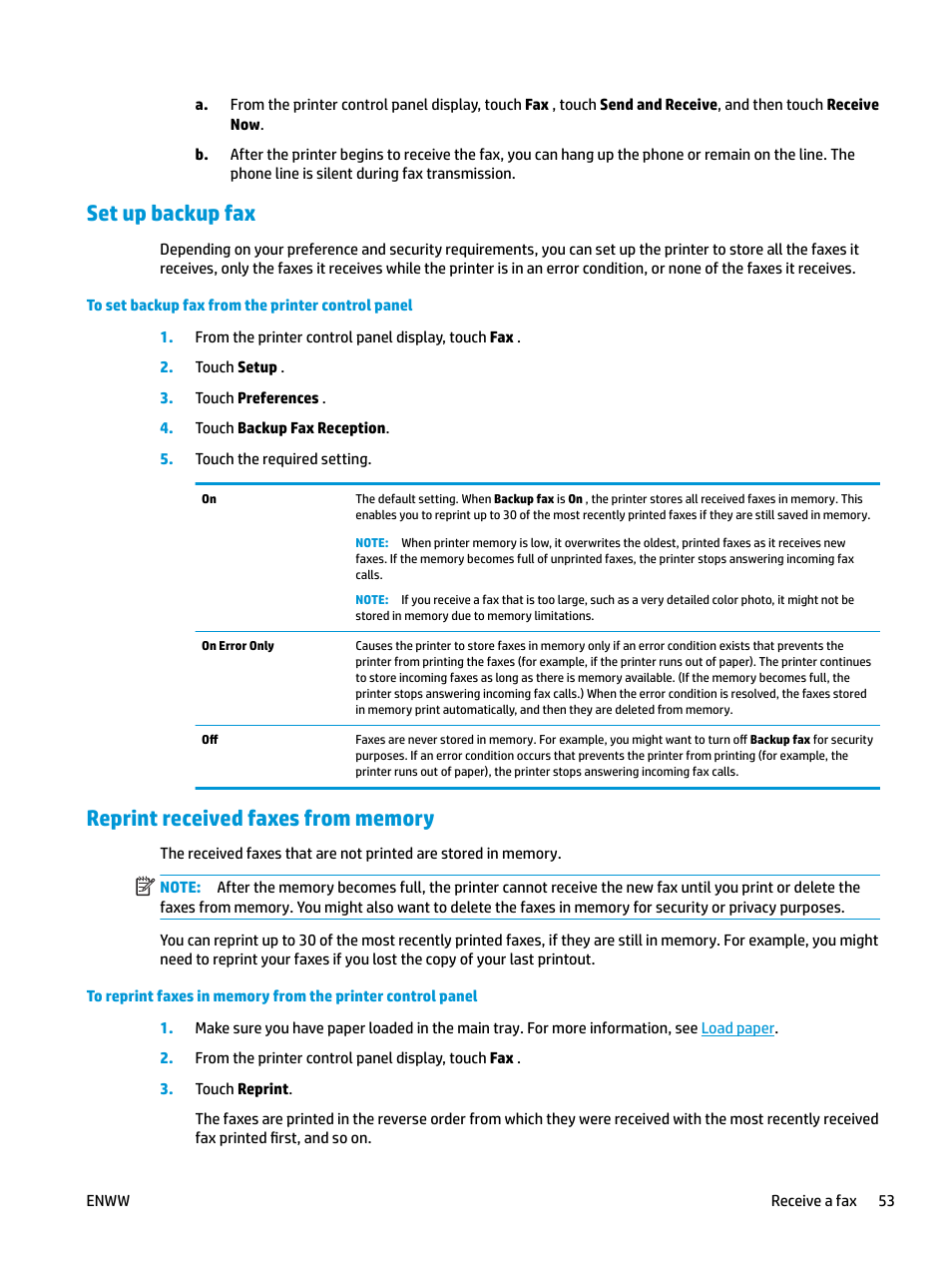 Set up backup fax, Reprint received faxes from memory | HP OfficeJet Pro 7740 User Manual | Page 66 / 180