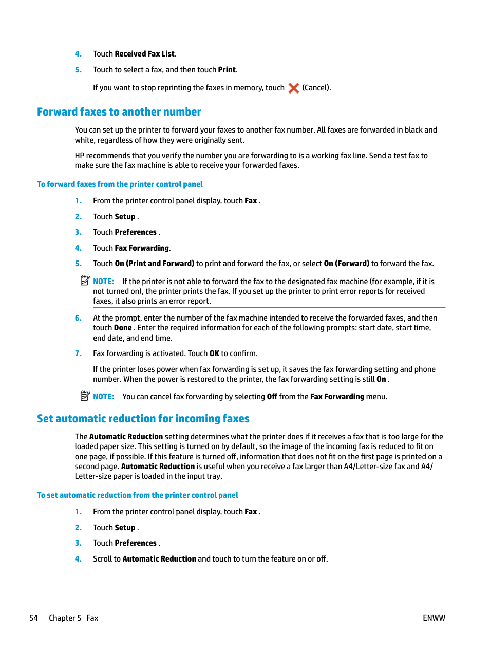 Forward faxes to another number, Set automatic reduction for incoming faxes | HP OfficeJet Pro 7740 User Manual | Page 67 / 180