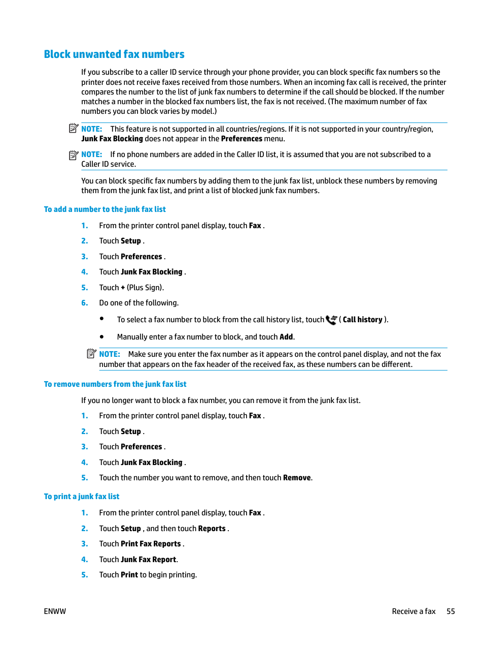 Block unwanted fax numbers | HP OfficeJet Pro 7740 User Manual | Page 68 / 180