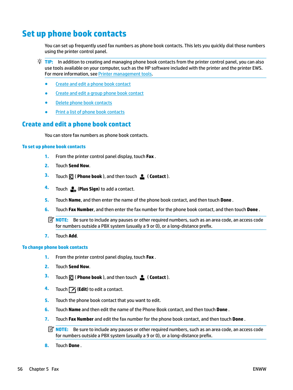 Set up phone book contacts, Create and edit a phone book contact | HP OfficeJet Pro 7740 User Manual | Page 69 / 180