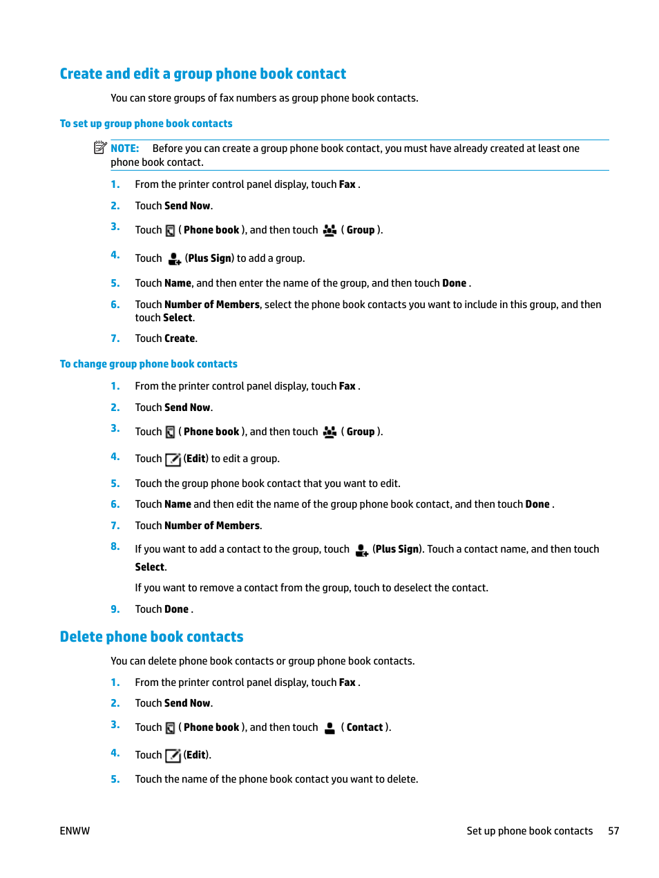 Create and edit a group phone book contact, Delete phone book contacts | HP OfficeJet Pro 7740 User Manual | Page 70 / 180