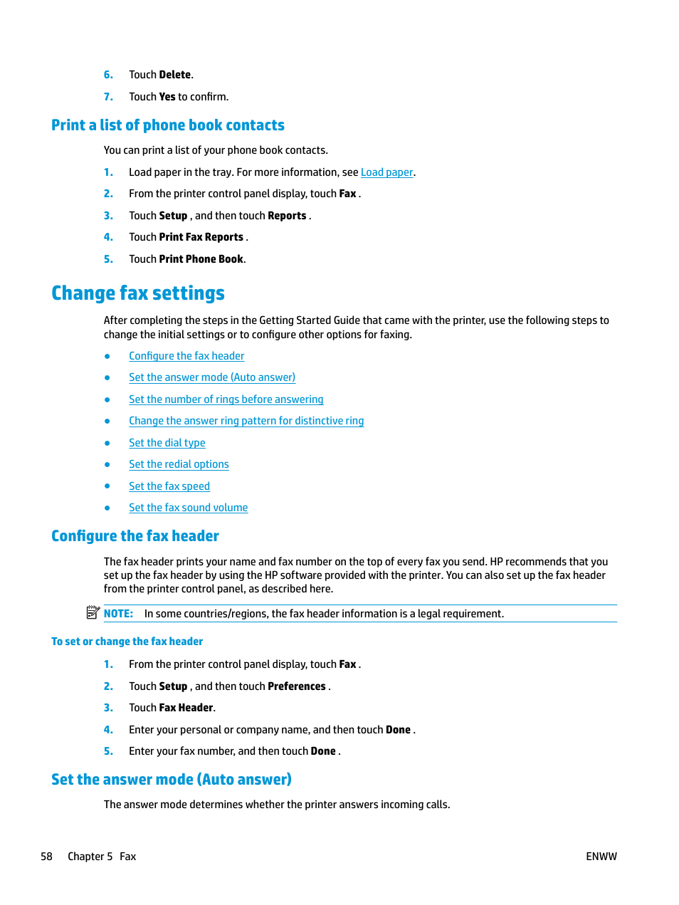 Print a list of phone book contacts, Change fax settings, Configure the fax header | Set the answer mode (auto answer) | HP OfficeJet Pro 7740 User Manual | Page 71 / 180