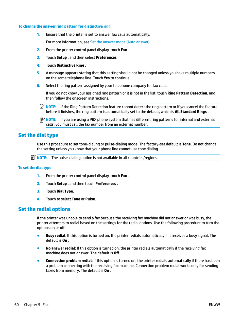 Set the dial type, Set the redial options, Set the dial type set the redial options | HP OfficeJet Pro 7740 User Manual | Page 73 / 180