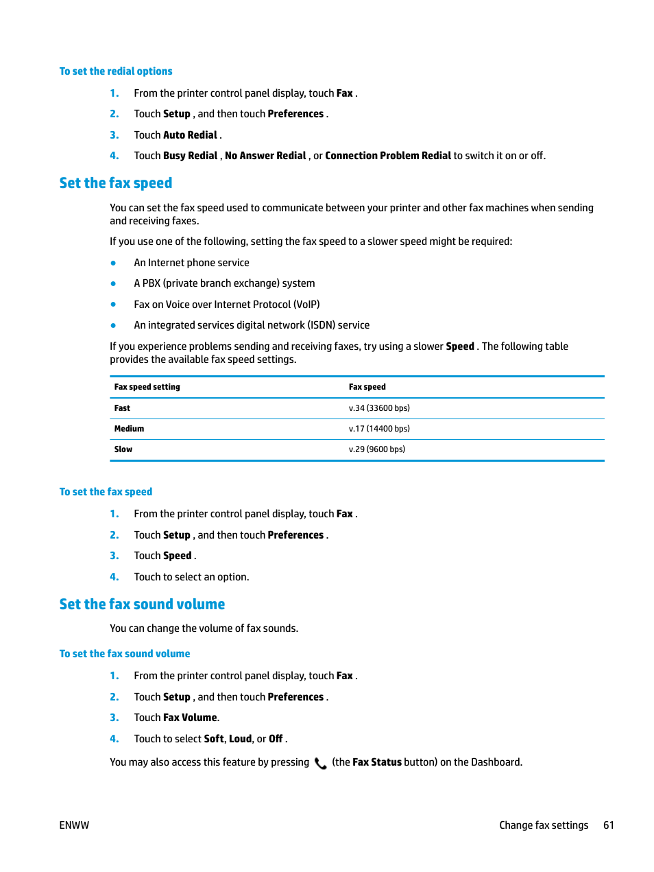 Set the fax speed, Set the fax sound volume, Set the fax speed set the fax sound volume | HP OfficeJet Pro 7740 User Manual | Page 74 / 180