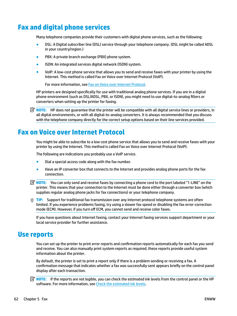 Fax and digital phone services, Fax on voice over internet protocol, Use reports | HP OfficeJet Pro 7740 User Manual | Page 75 / 180