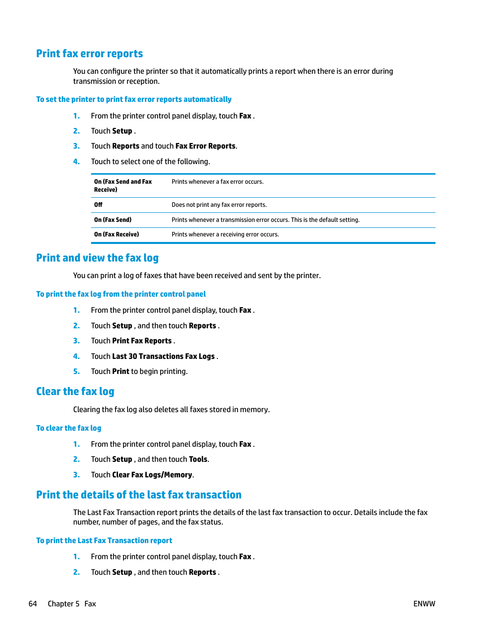 Print fax error reports, Print and view the fax log, Clear the fax log | Print the details of the last fax transaction | HP OfficeJet Pro 7740 User Manual | Page 77 / 180