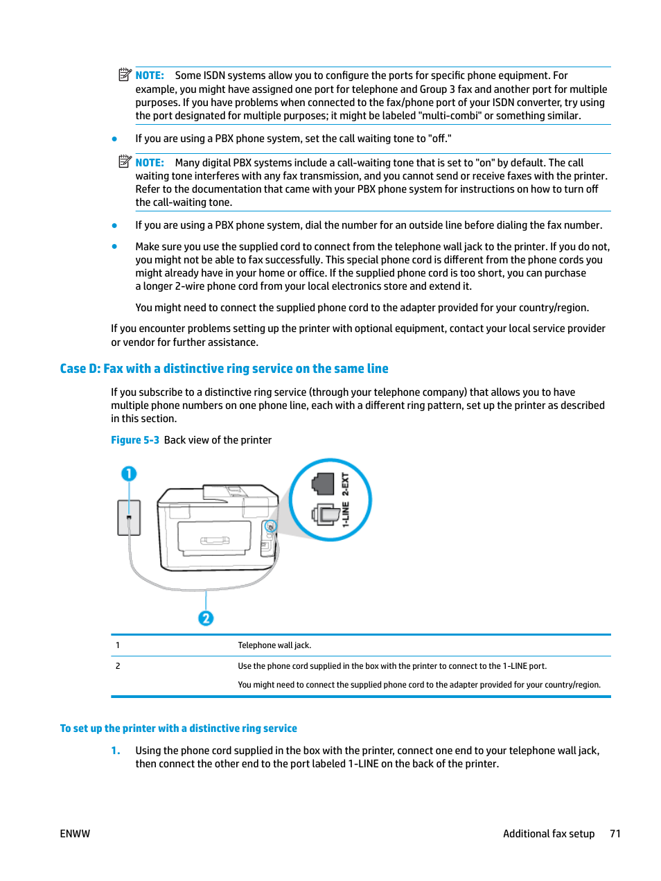 Case d: fax with a distinctive, Ring service on the same line | HP OfficeJet Pro 7740 User Manual | Page 84 / 180