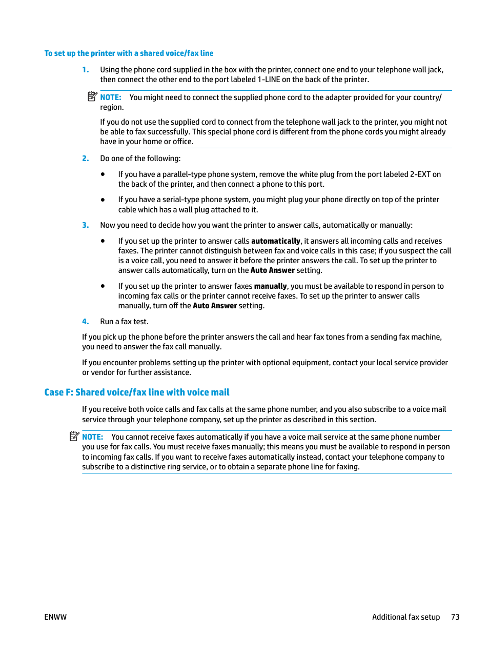 Case f: shared voice/fax line with voice mail, Case f: shared voice/fax line, With voice mail | HP OfficeJet Pro 7740 User Manual | Page 86 / 180