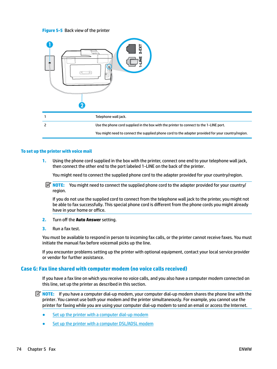 Case g: fax line shared with, Computer modem (no voice, Calls received) | HP OfficeJet Pro 7740 User Manual | Page 87 / 180