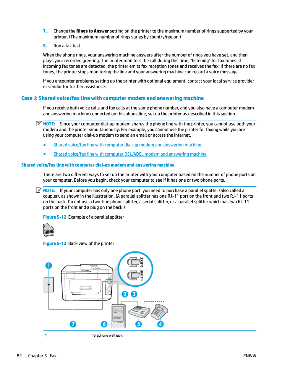 Case j: shared voice/fax line, With computer modem and, Answering machine | HP OfficeJet Pro 7740 User Manual | Page 95 / 180