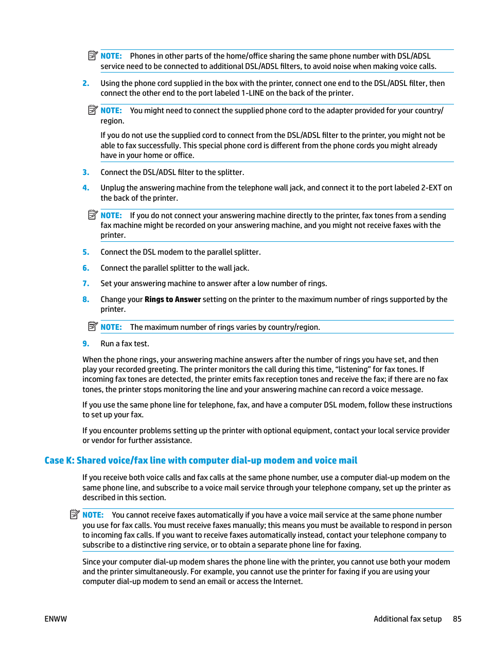 Case k: shared voice/fax line, With computer dial-up modem, And voice mail | HP OfficeJet Pro 7740 User Manual | Page 98 / 180