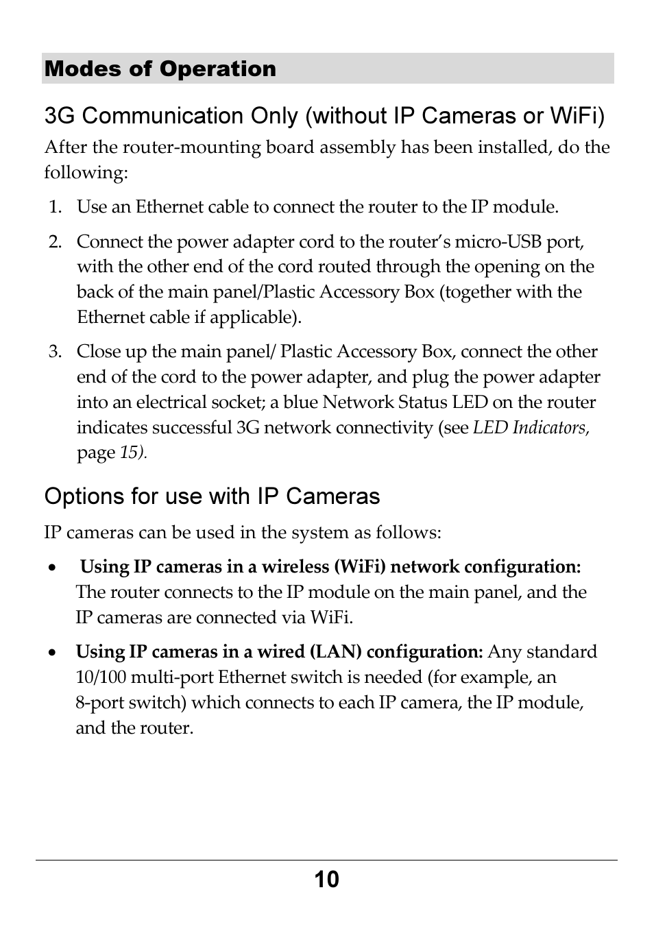 3g communication only (without ip cameras or wifi), Options for use with ip cameras, Modes of operation | RISCO Group RP3G68 User Manual | Page 10 / 16