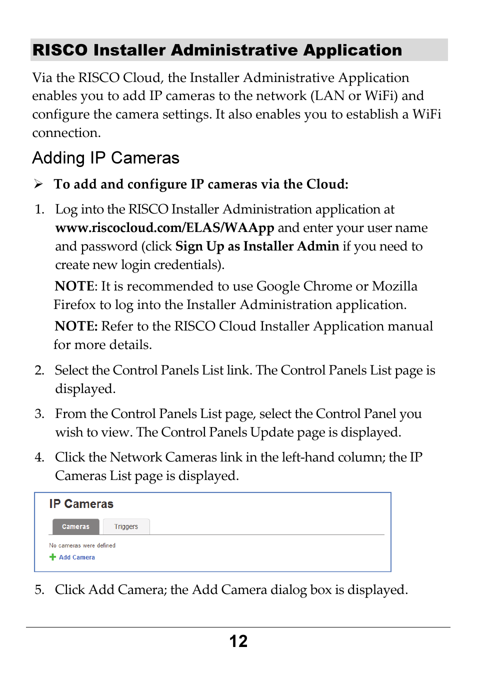 Adding ip cameras, Risco installer administrative application | RISCO Group RP3G68 User Manual | Page 12 / 16