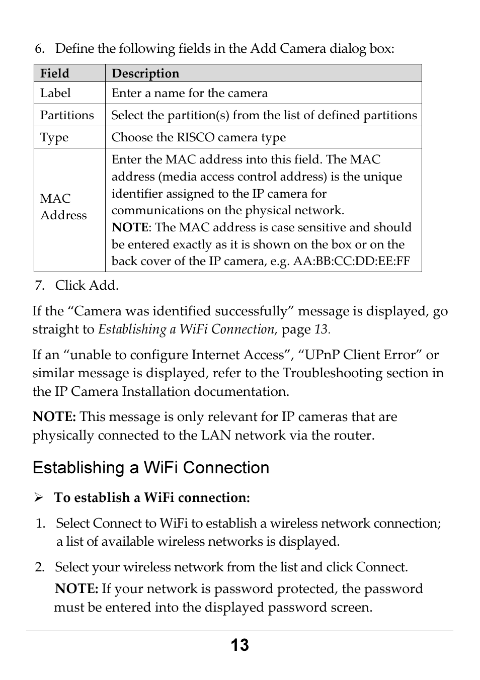 Establishing a wifi connection | RISCO Group RP3G68 User Manual | Page 13 / 16