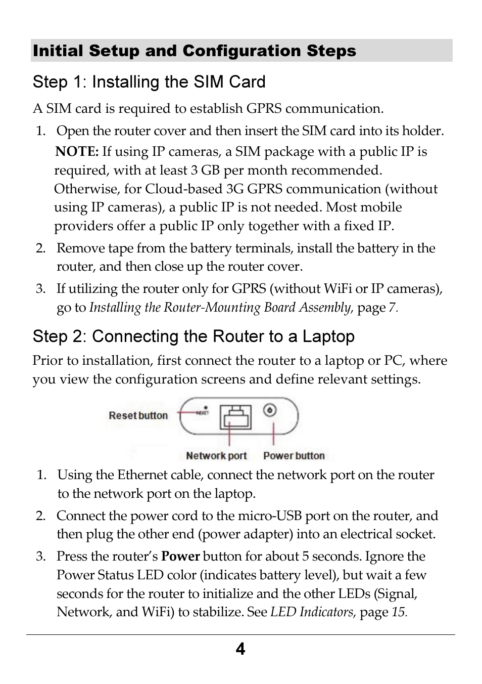 Step 1: installing the sim card, Step 2: connecting the router to a laptop, Initial setup and configuration steps | RISCO Group RP3G68 User Manual | Page 4 / 16