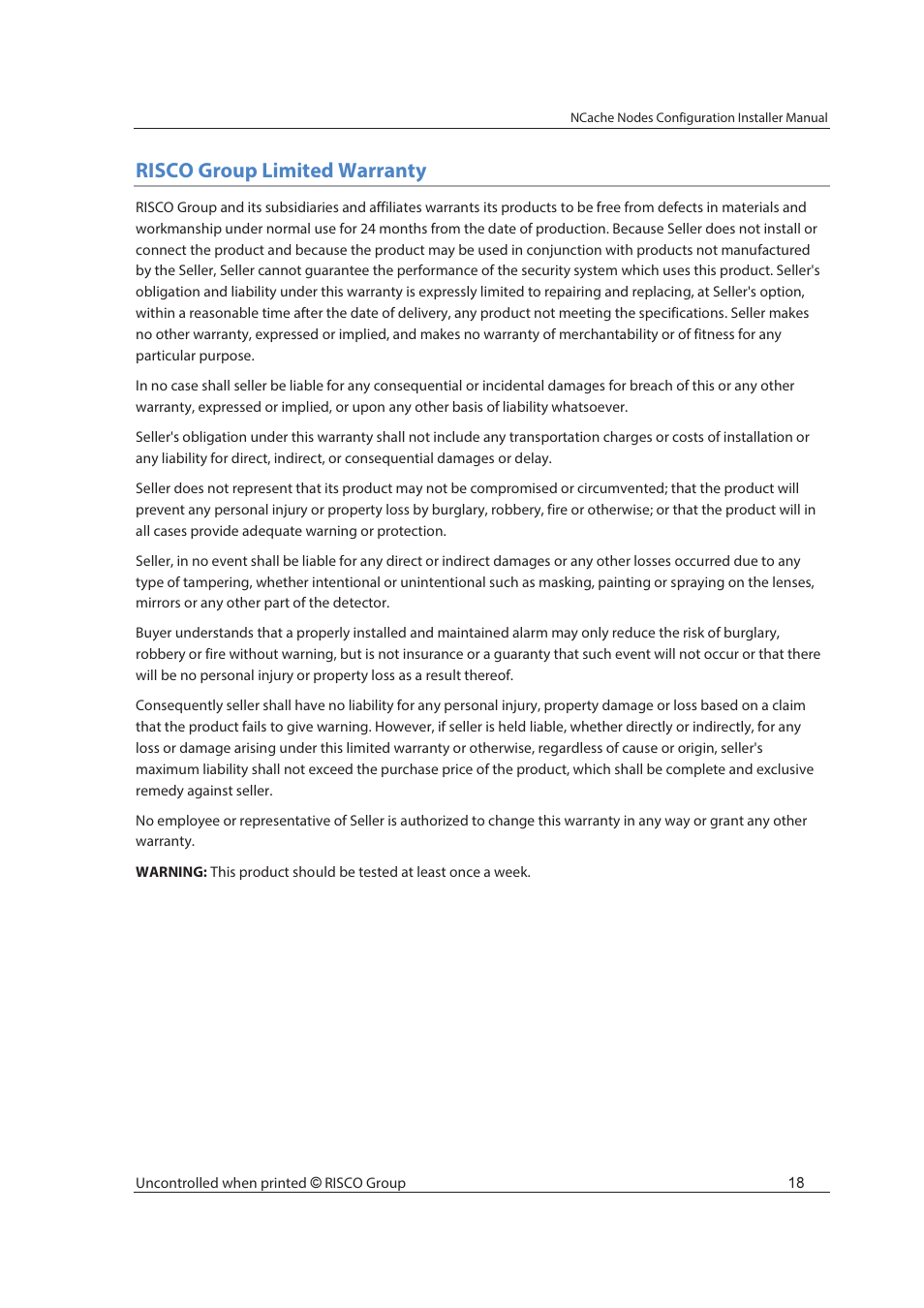 Risco group limited warranty | RISCO Group NCache User Manual | Page 23 / 24