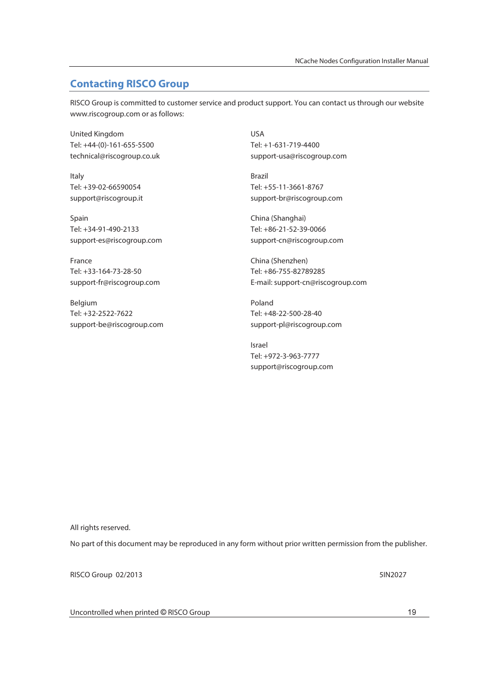 Contacting risco group | RISCO Group NCache User Manual | Page 24 / 24