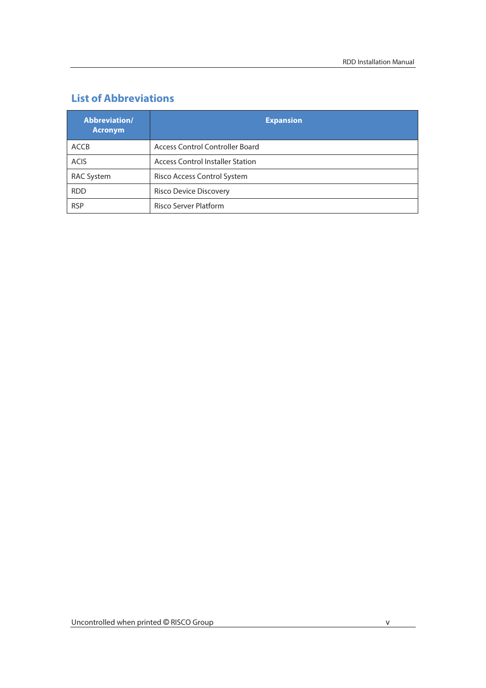 List of abbreviations | RISCO Group Risco Device Discovery User Manual | Page 6 / 20