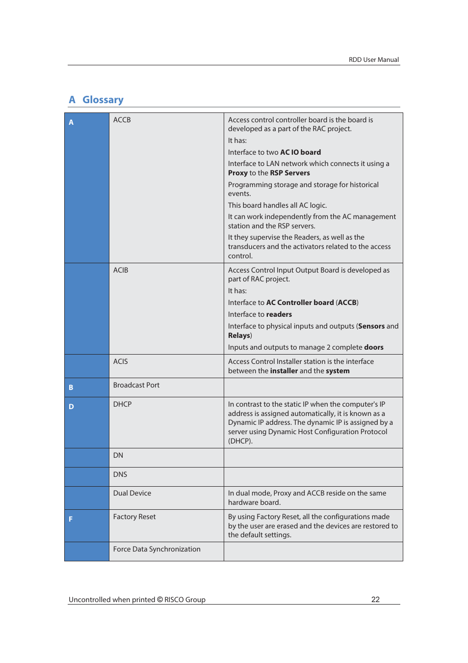 Aglossary | RISCO Group axesplus® RDD User Manual | Page 23 / 28