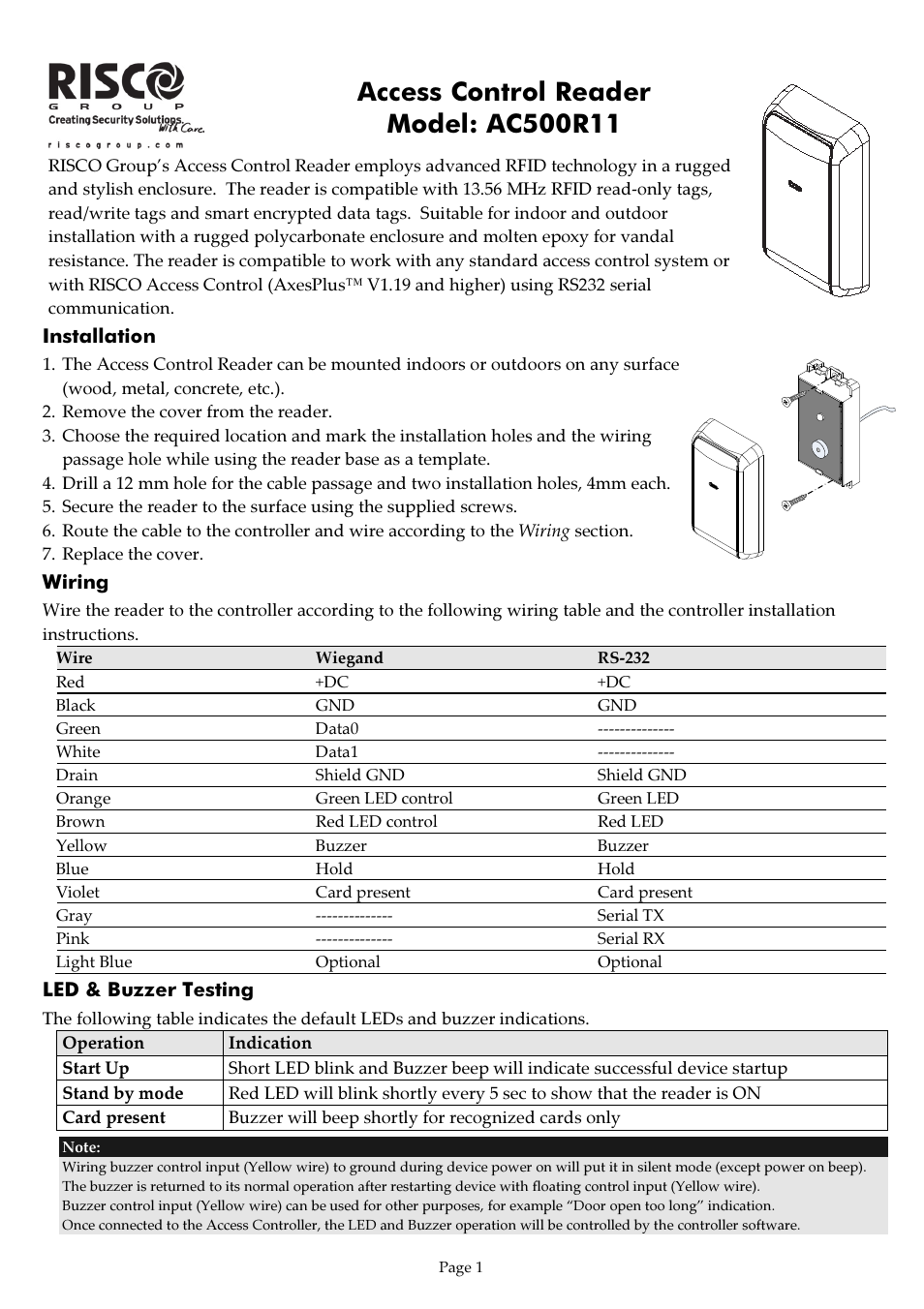 RISCO Group AC500R11 User Manual | 2 pages