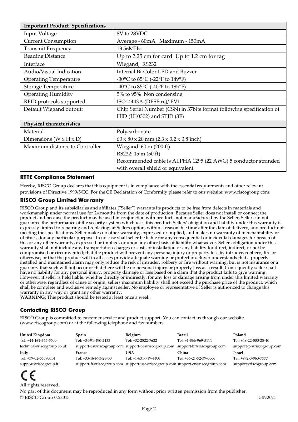 RISCO Group AC500R11 User Manual | Page 2 / 2