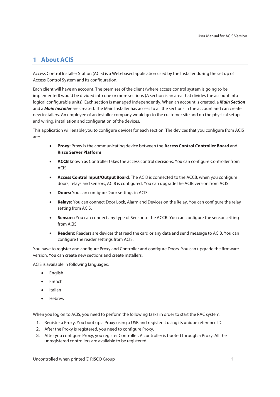 1about acis | RISCO Group ACIS User Manual | Page 10 / 111