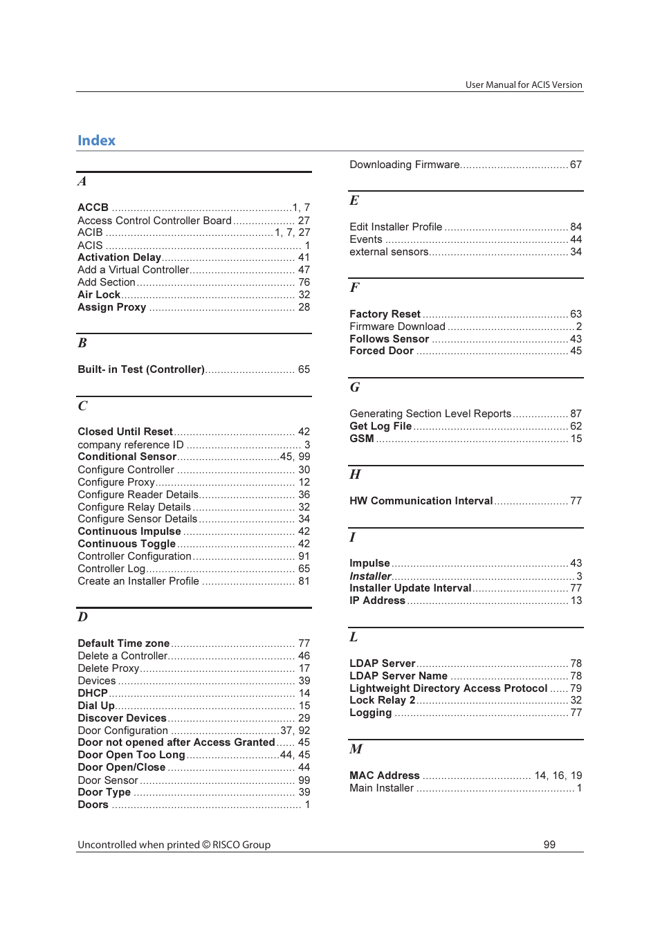 Index | RISCO Group ACIS User Manual | Page 108 / 111