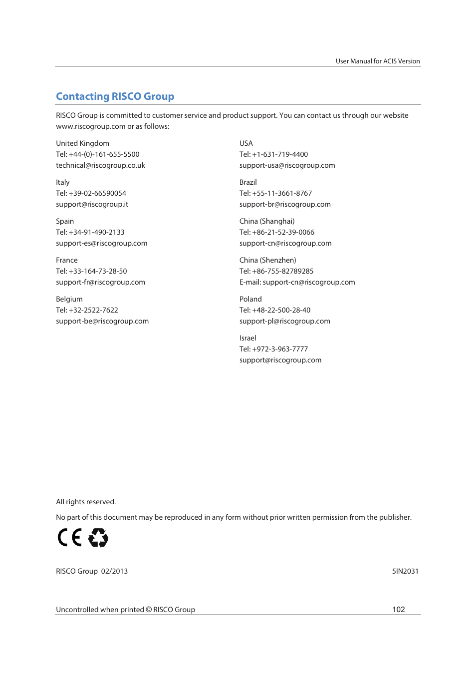 Contacting risco group | RISCO Group ACIS User Manual | Page 111 / 111