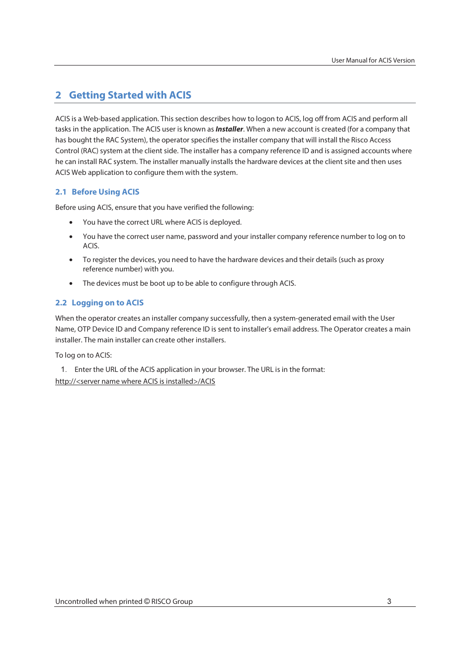 2getting started with acis | RISCO Group ACIS User Manual | Page 12 / 111