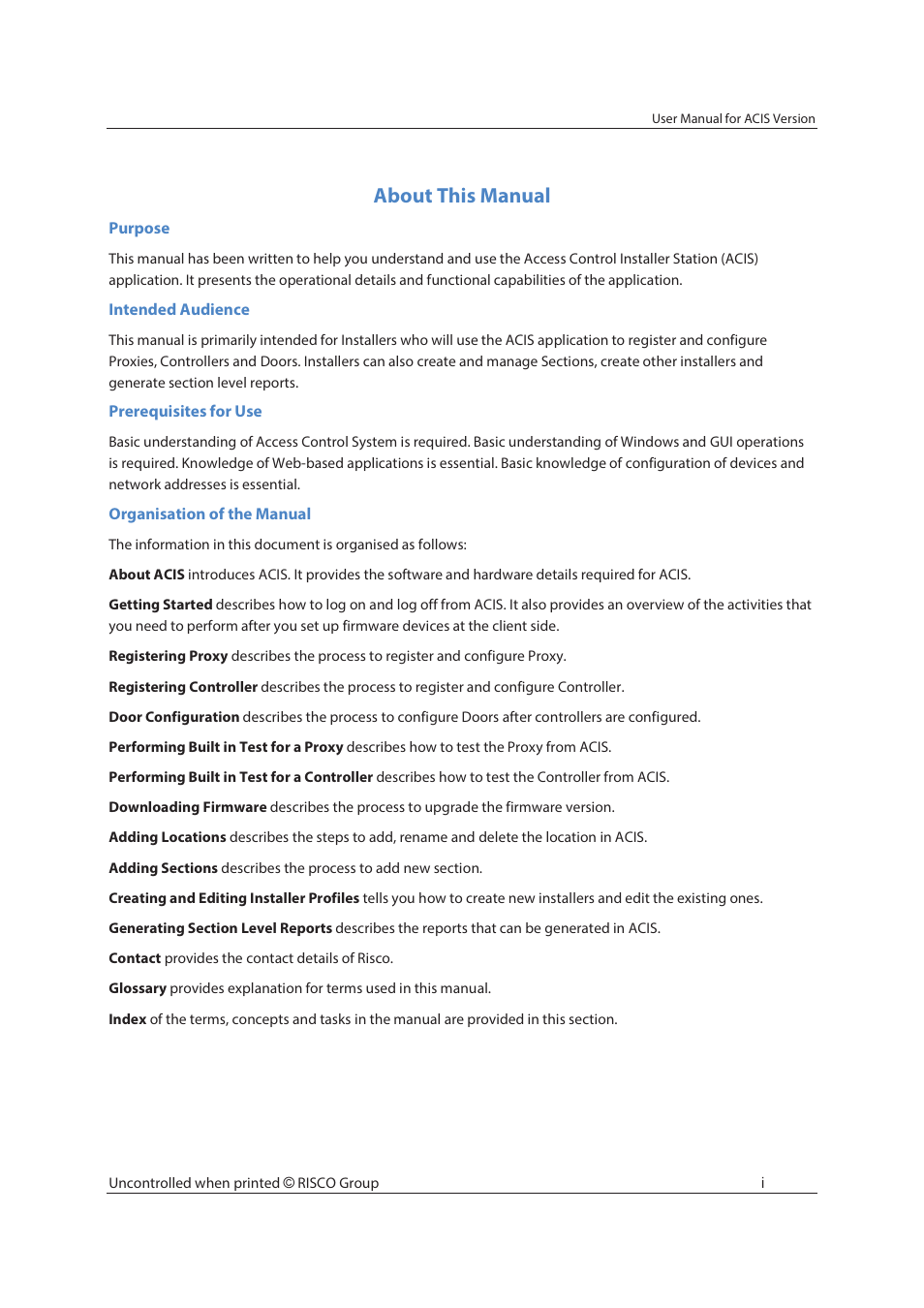 About this manual | RISCO Group ACIS User Manual | Page 2 / 111