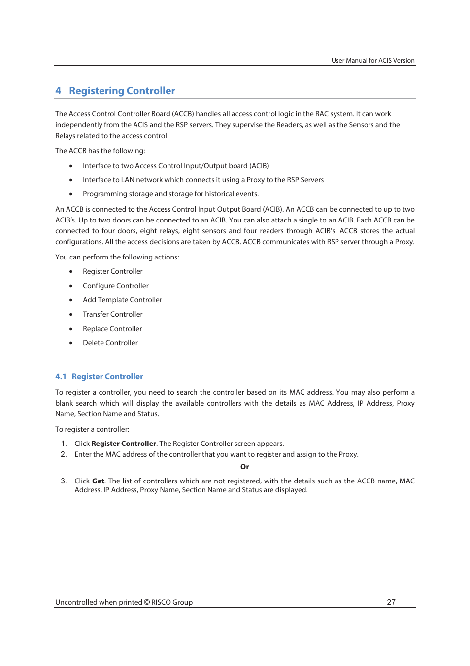 4registering controller | RISCO Group ACIS User Manual | Page 36 / 111