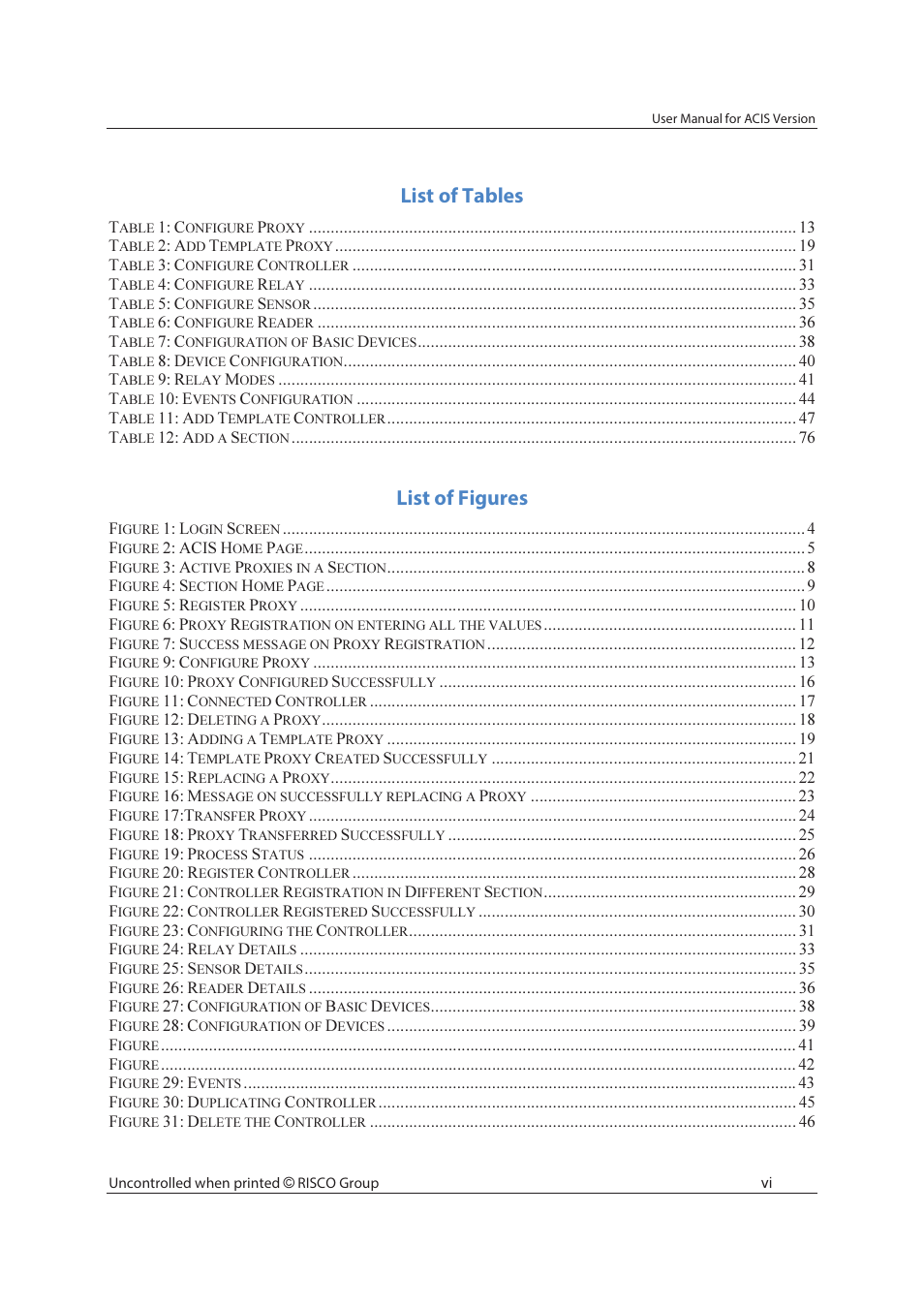 List of tables, List of figures | RISCO Group ACIS User Manual | Page 7 / 111