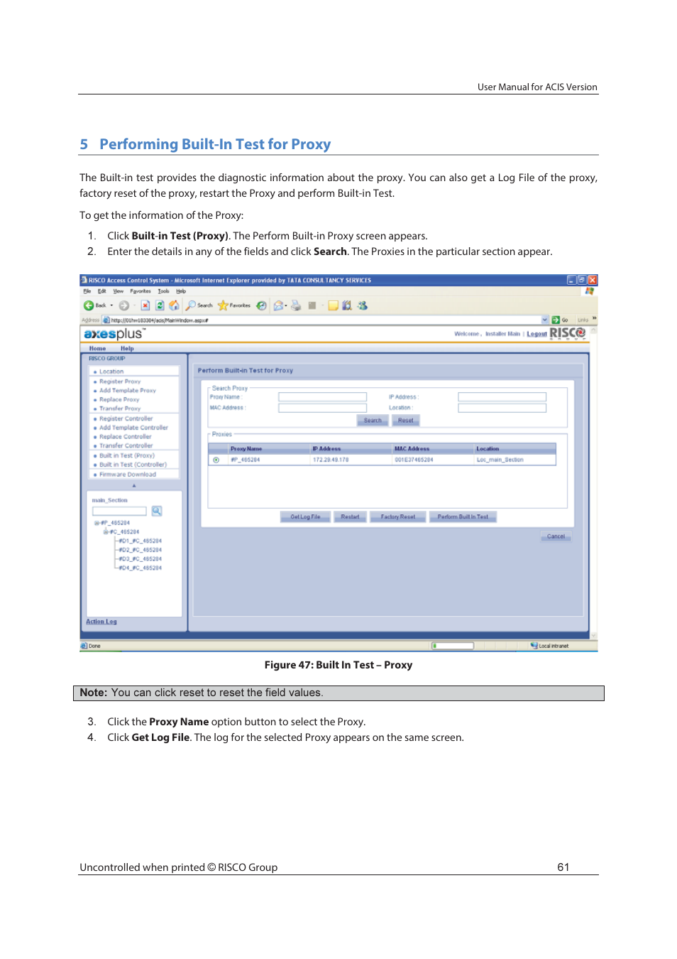 5performing built-in test for proxy | RISCO Group ACIS User Manual | Page 70 / 111