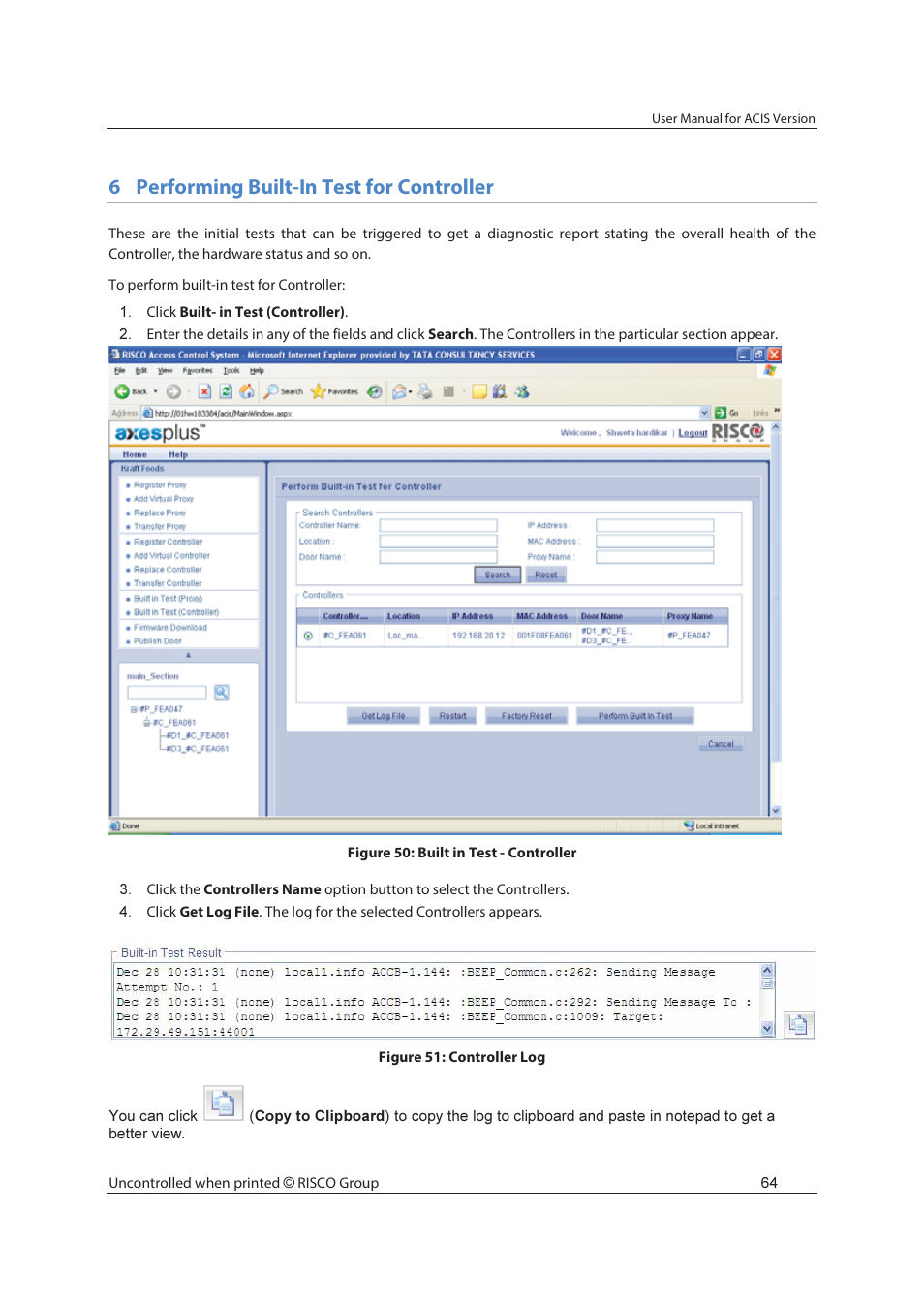 6performing built-in test for controller | RISCO Group ACIS User Manual | Page 73 / 111