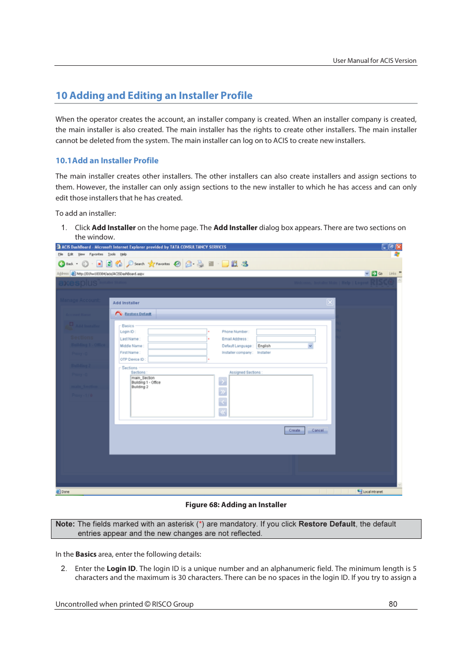 10 adding and editing an installer profile | RISCO Group ACIS User Manual | Page 89 / 111