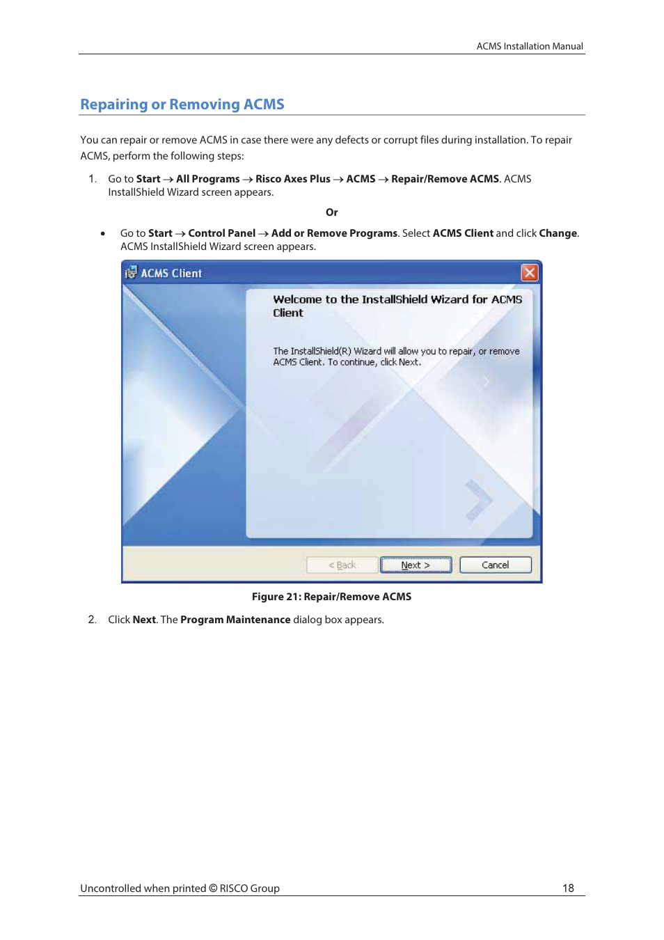 Repairing or removing acms | RISCO Group ACMS User Manual | Page 24 / 32