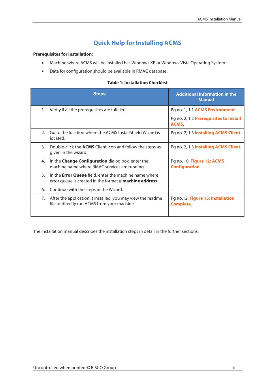 Quick help for installing acms | RISCO Group ACMS User Manual | Page 3 / 32