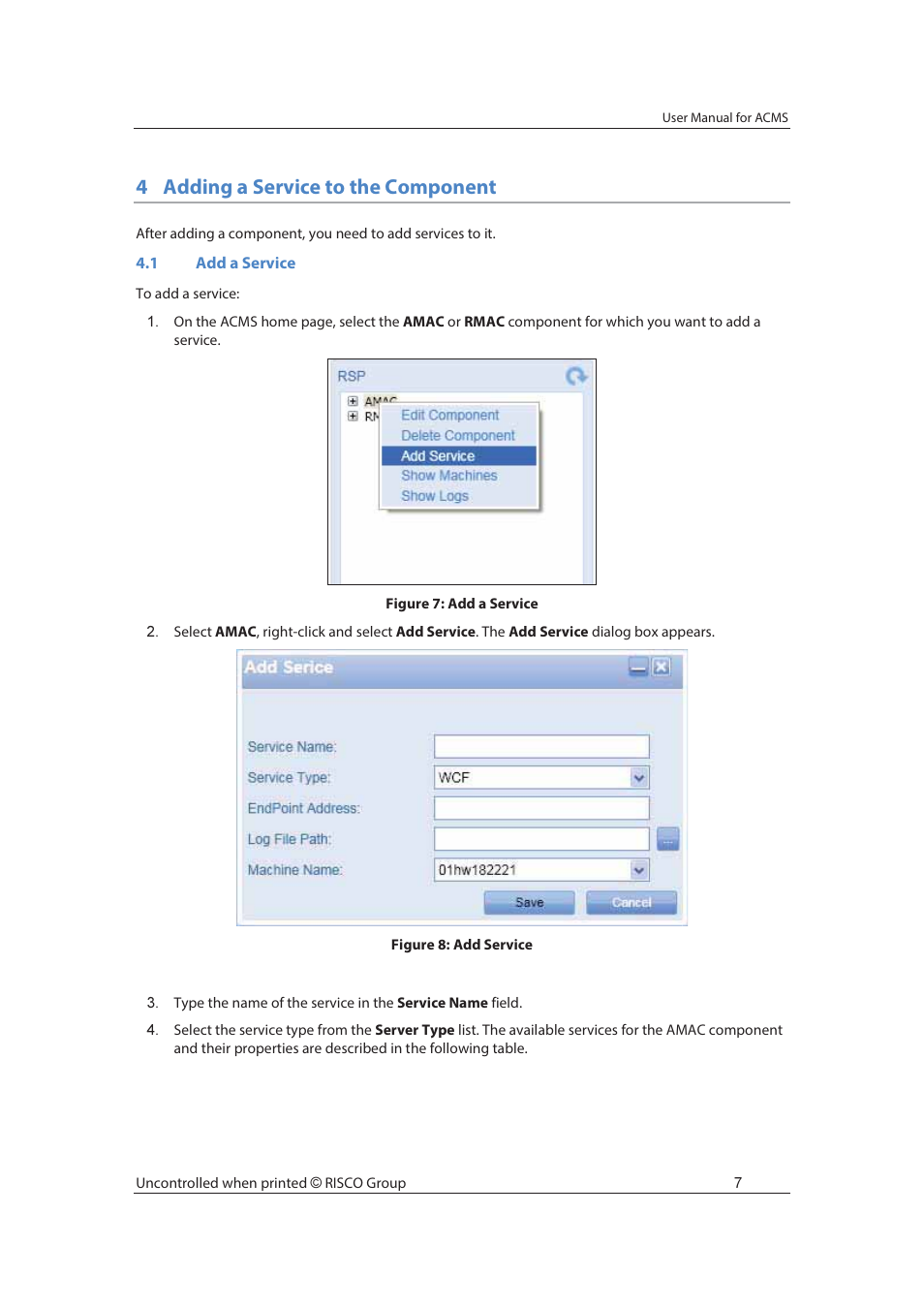 4adding a service to the component | RISCO Group ACMS User Manual | Page 14 / 36