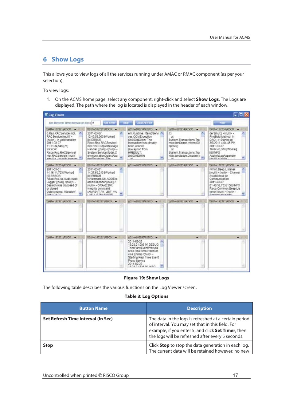 6show logs | RISCO Group ACMS User Manual | Page 24 / 36