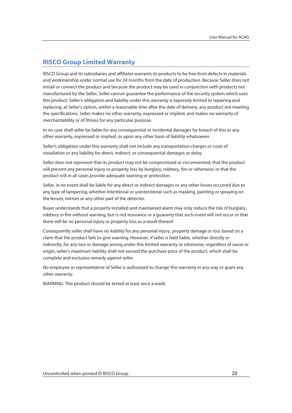 Risco group limited warranty | RISCO Group ACMS User Manual | Page 35 / 36