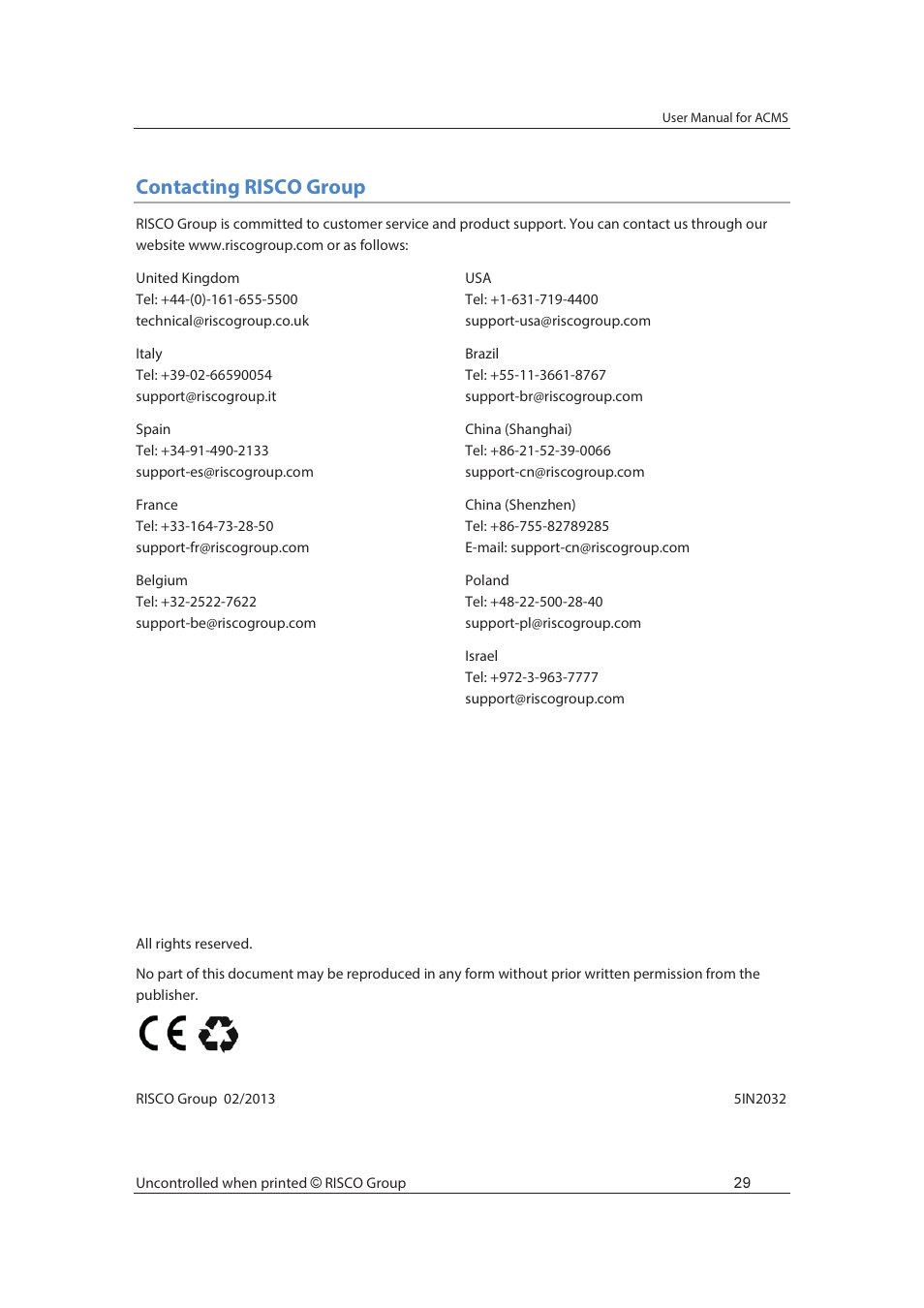 Contacting risco group | RISCO Group ACMS User Manual | Page 36 / 36