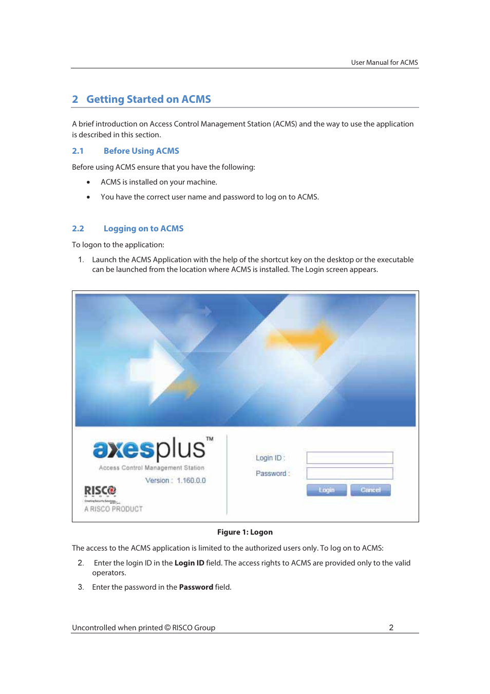 2getting started on acms | RISCO Group ACMS User Manual | Page 9 / 36