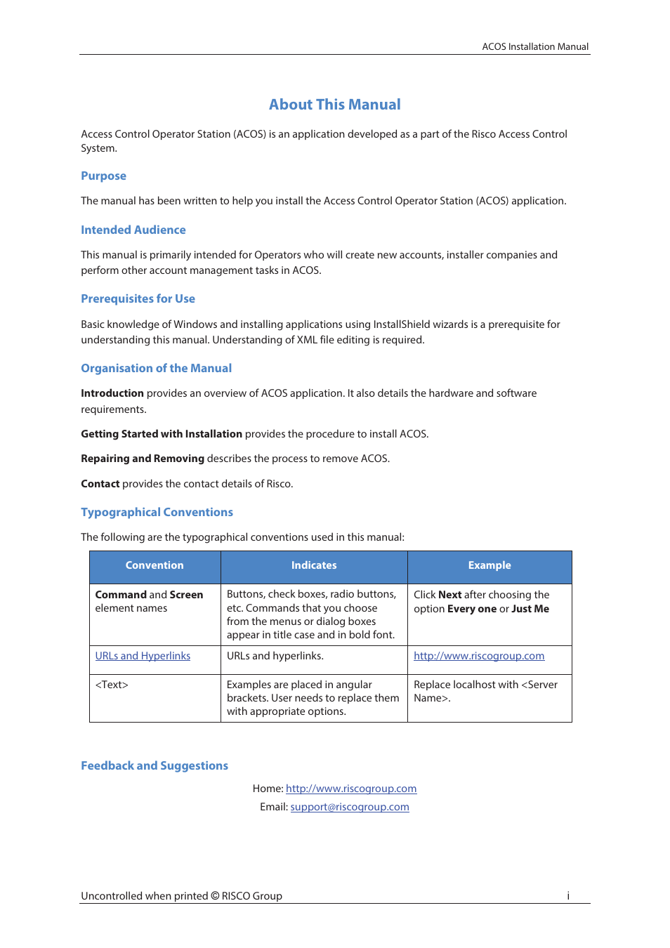 About this manual | RISCO Group ACOS User Manual | Page 2 / 28