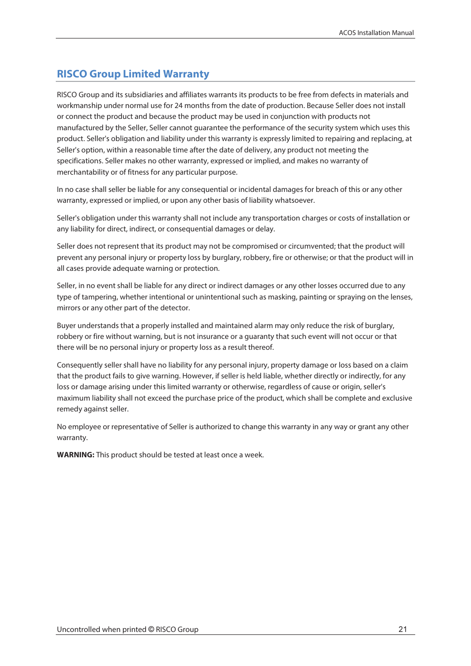 Risco group limited warranty | RISCO Group ACOS User Manual | Page 27 / 28
